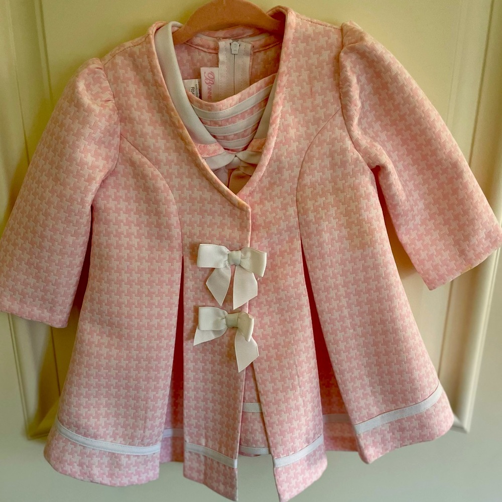 Bonnie Baby 6-9M Pink White Houndstooth Bow Sleeveless Dress & Coat Set
